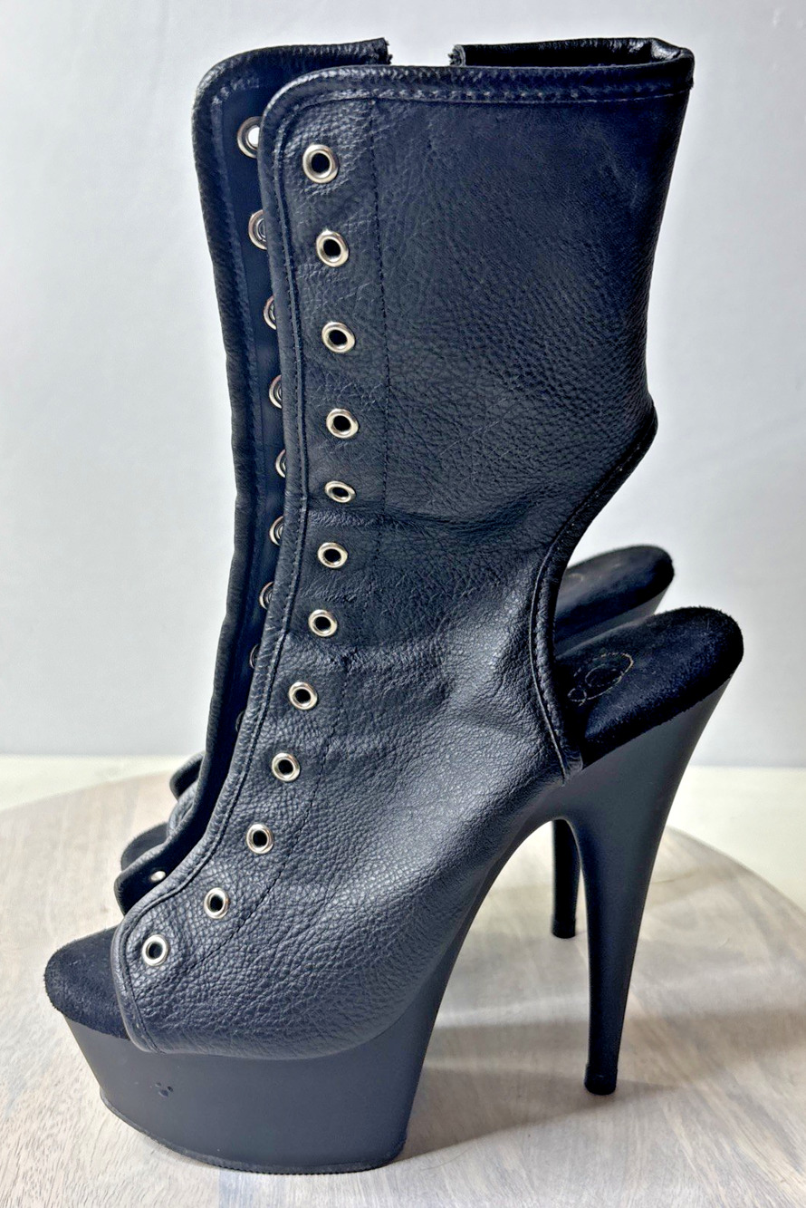 Pleaser Delight-1018 Black Faux Leather NO LACES Open Toe Back Lace Up Bootie 6
